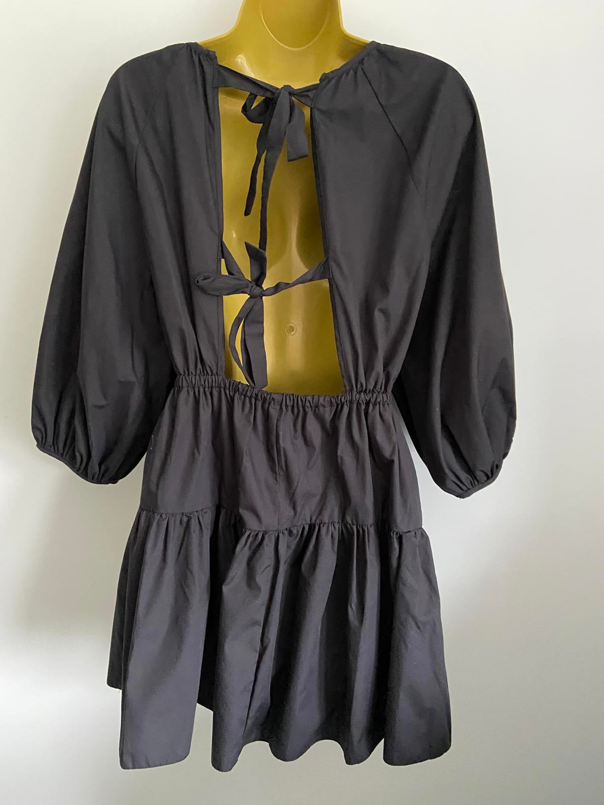 Miss Selfridge Size 10 Black Open Back Tiered Mini Dress 3/4 Puff Sleeve