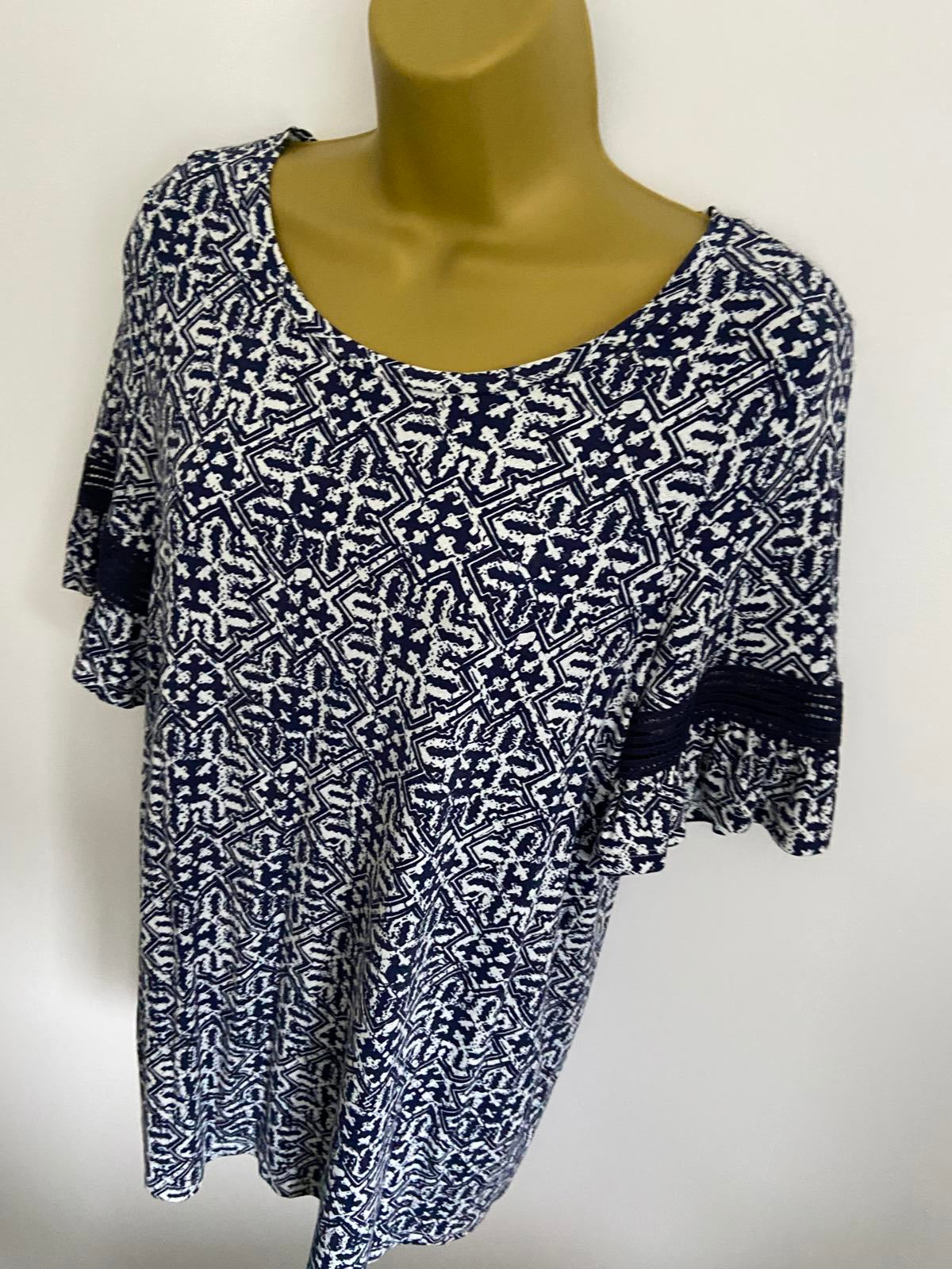 F&F Size 12 Blue & White Moroccan Print Blouse Lace Ruffle Short Sleeve Top