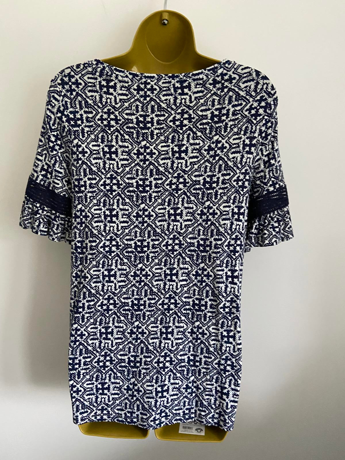 F&F Size 12 Blue & White Moroccan Print Blouse Lace Ruffle Short Sleeve Top