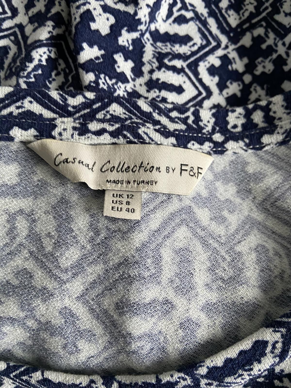 F&F Size 12 Blue & White Moroccan Print Blouse Lace Ruffle Short Sleeve Top