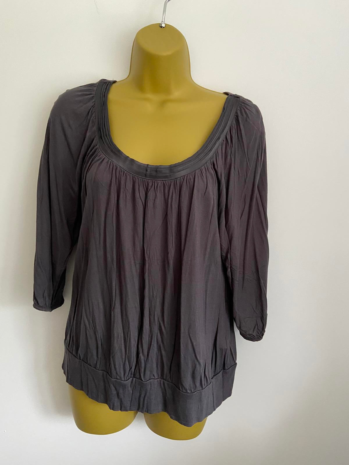 H&M Size Medium Dark Grey Pleated Scoop Neck Blouse 3/4 Sleeve Summer Top