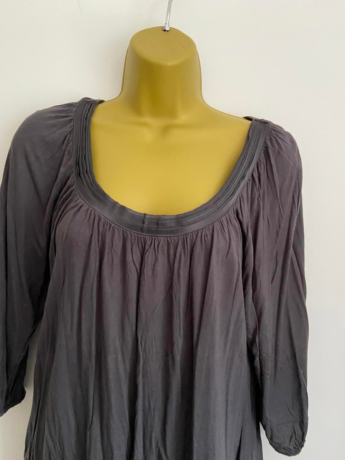 H&M Size Medium Dark Grey Pleated Scoop Neck Blouse 3/4 Sleeve Summer Top