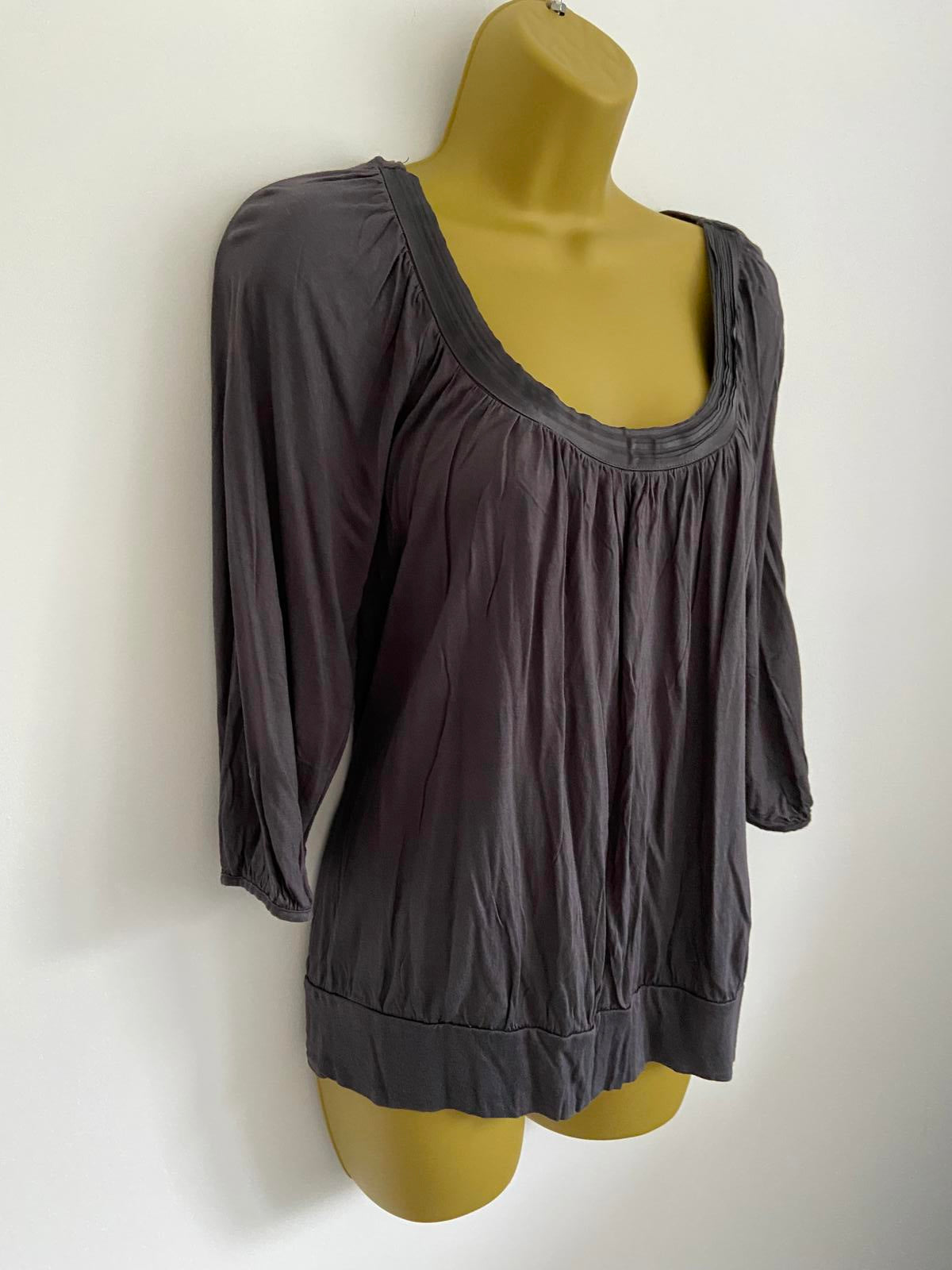 H&M Size Medium Dark Grey Pleated Scoop Neck Blouse 3/4 Sleeve Summer Top