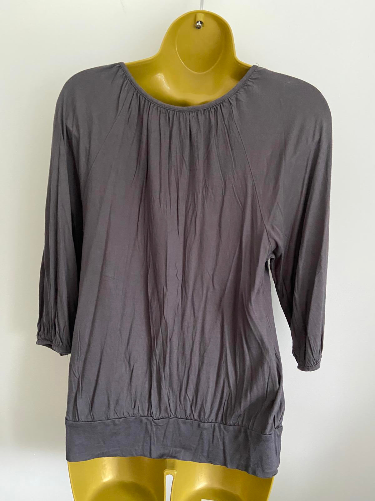 H&M Size Medium Dark Grey Pleated Scoop Neck Blouse 3/4 Sleeve Summer Top