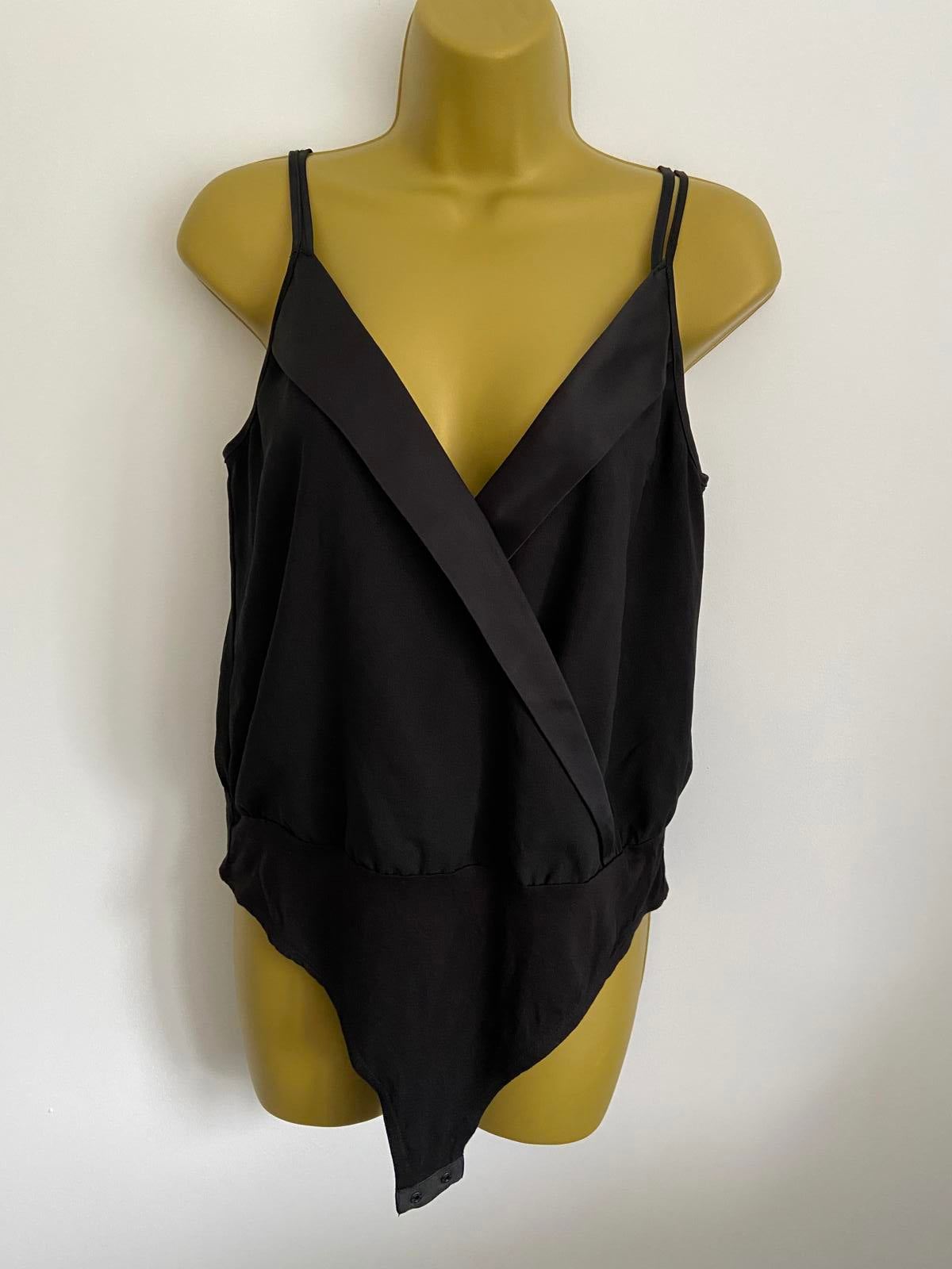 New Look Size 10 Black Strappy V-Neck Bodysuit Sleeveless Satin Trim Wrap Top
