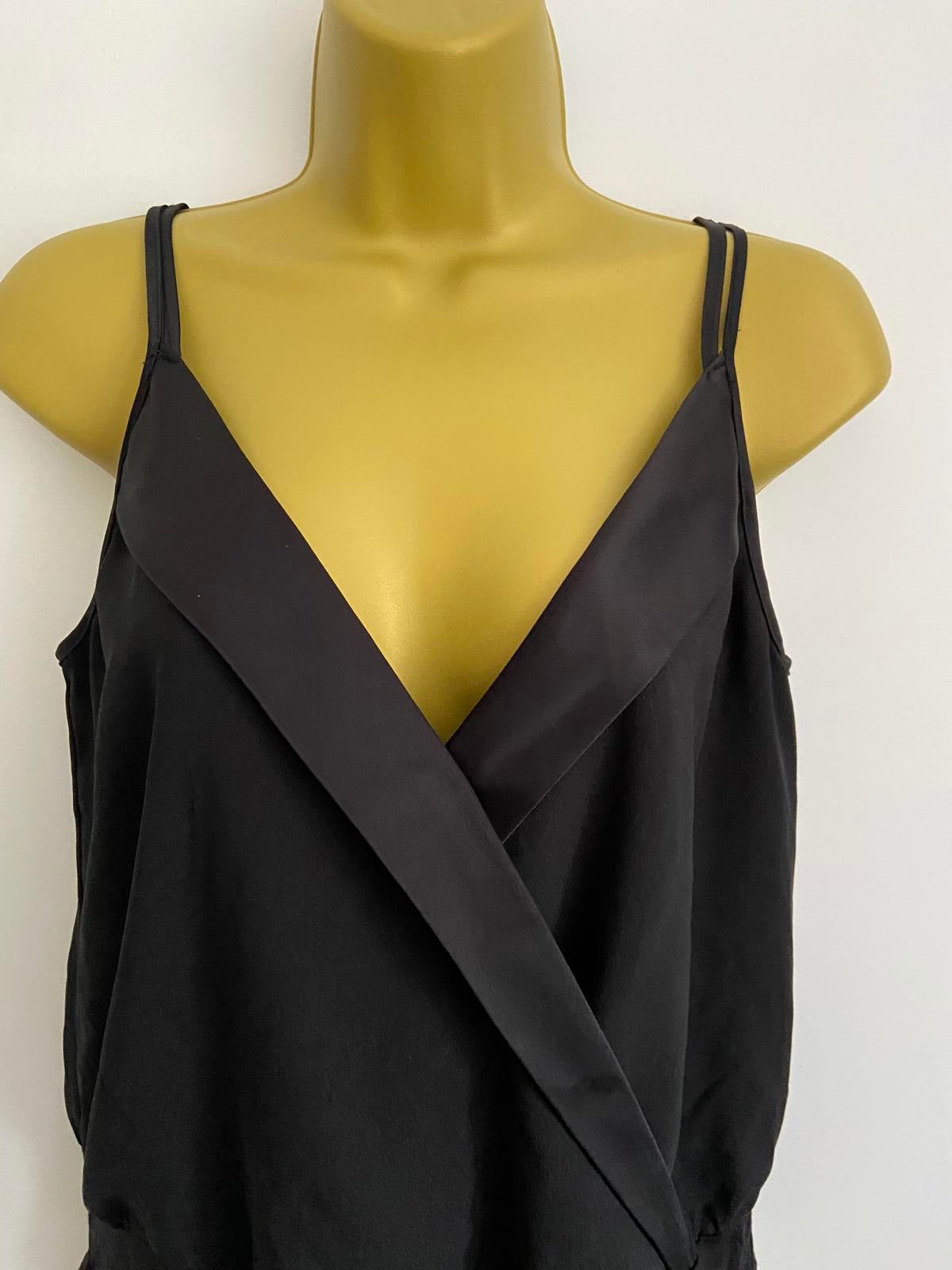 New Look Size 10 Black Strappy V-Neck Bodysuit Sleeveless Satin Trim Wrap Top