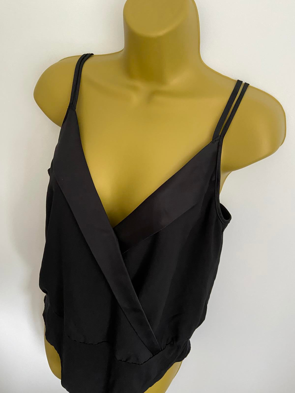 New Look Size 10 Black Strappy V-Neck Bodysuit Sleeveless Satin Trim Wrap Top