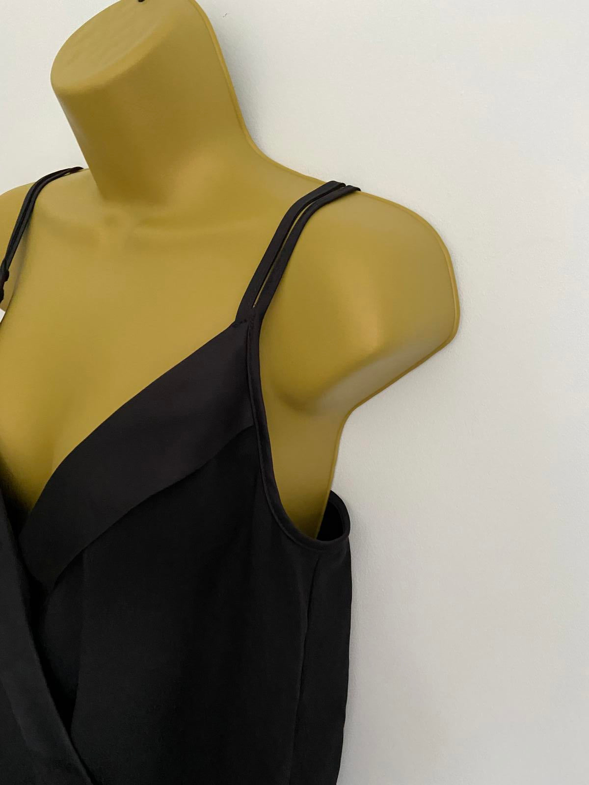 New Look Size 10 Black Strappy V-Neck Bodysuit Sleeveless Satin Trim Wrap Top