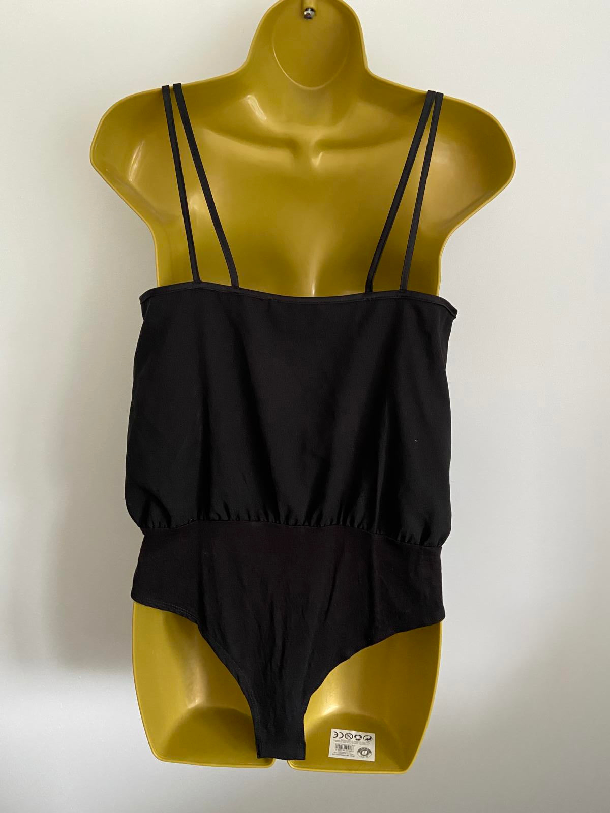 New Look Size 10 Black Strappy V-Neck Bodysuit Sleeveless Satin Trim Wrap Top
