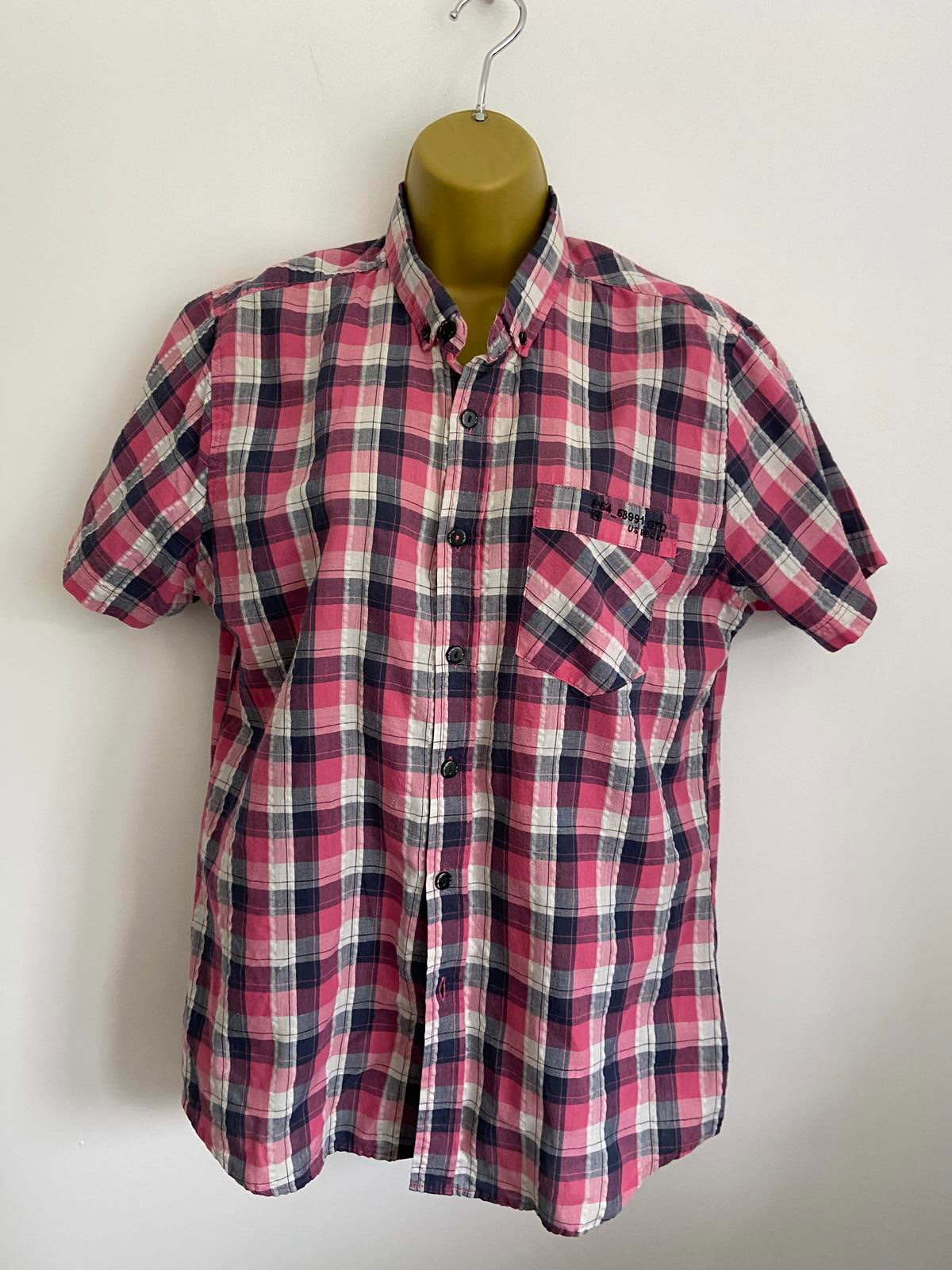 Matalan Size Medium Pink & Navy Check Short Sleeve Button Up Summer Shirt