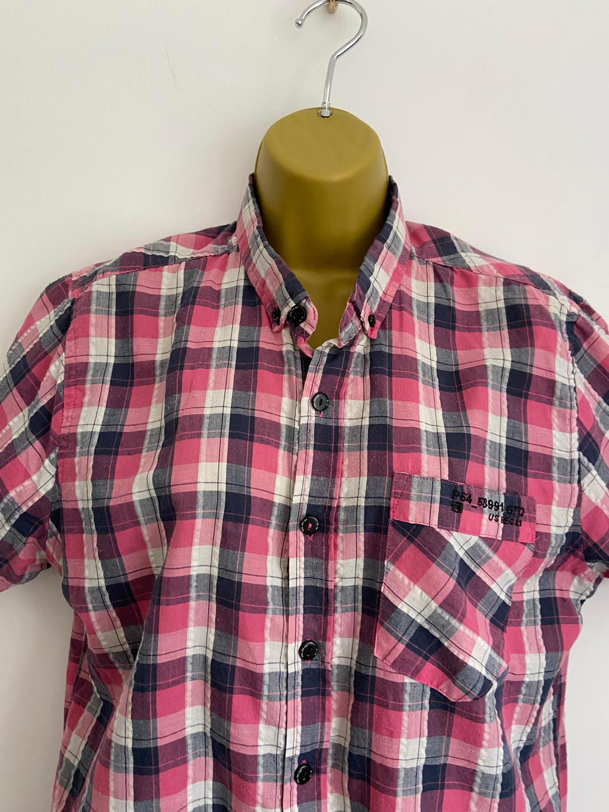 Matalan Size Medium Pink & Navy Check Short Sleeve Button Up Summer Shirt