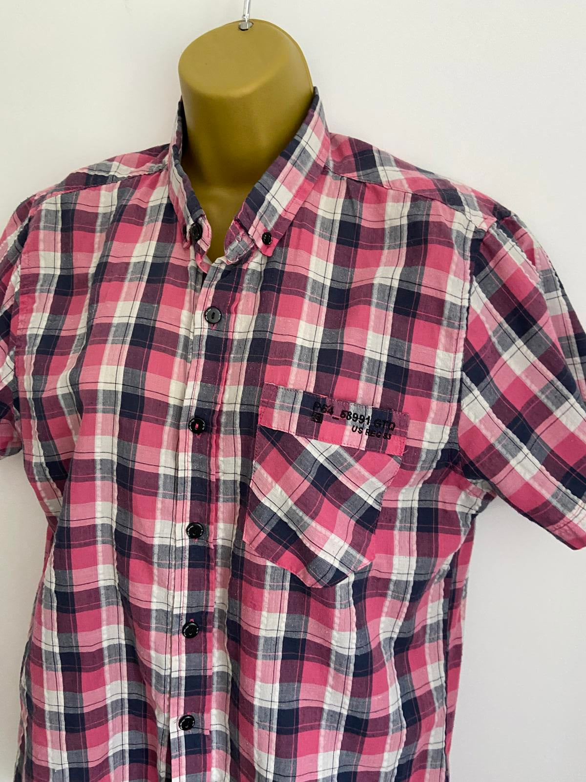 Matalan Size Medium Pink & Navy Check Short Sleeve Button Up Summer Shirt