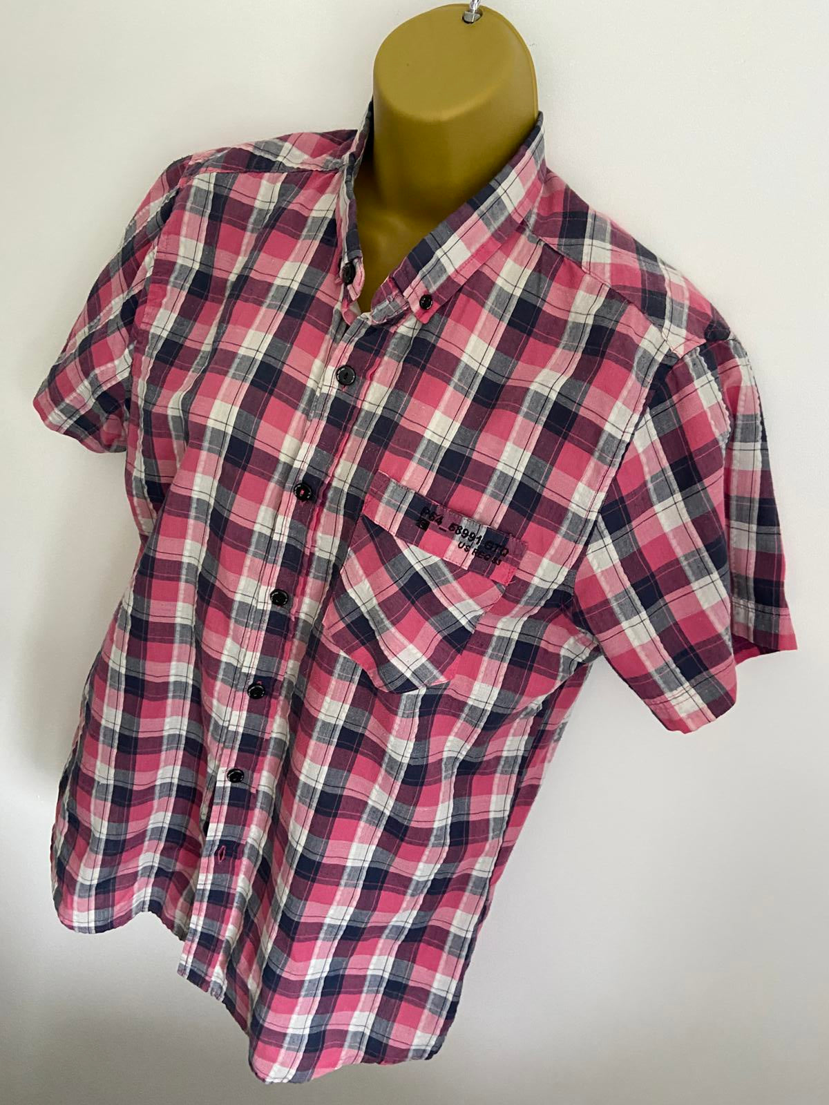 Matalan Size Medium Pink & Navy Check Short Sleeve Button Up Summer Shirt