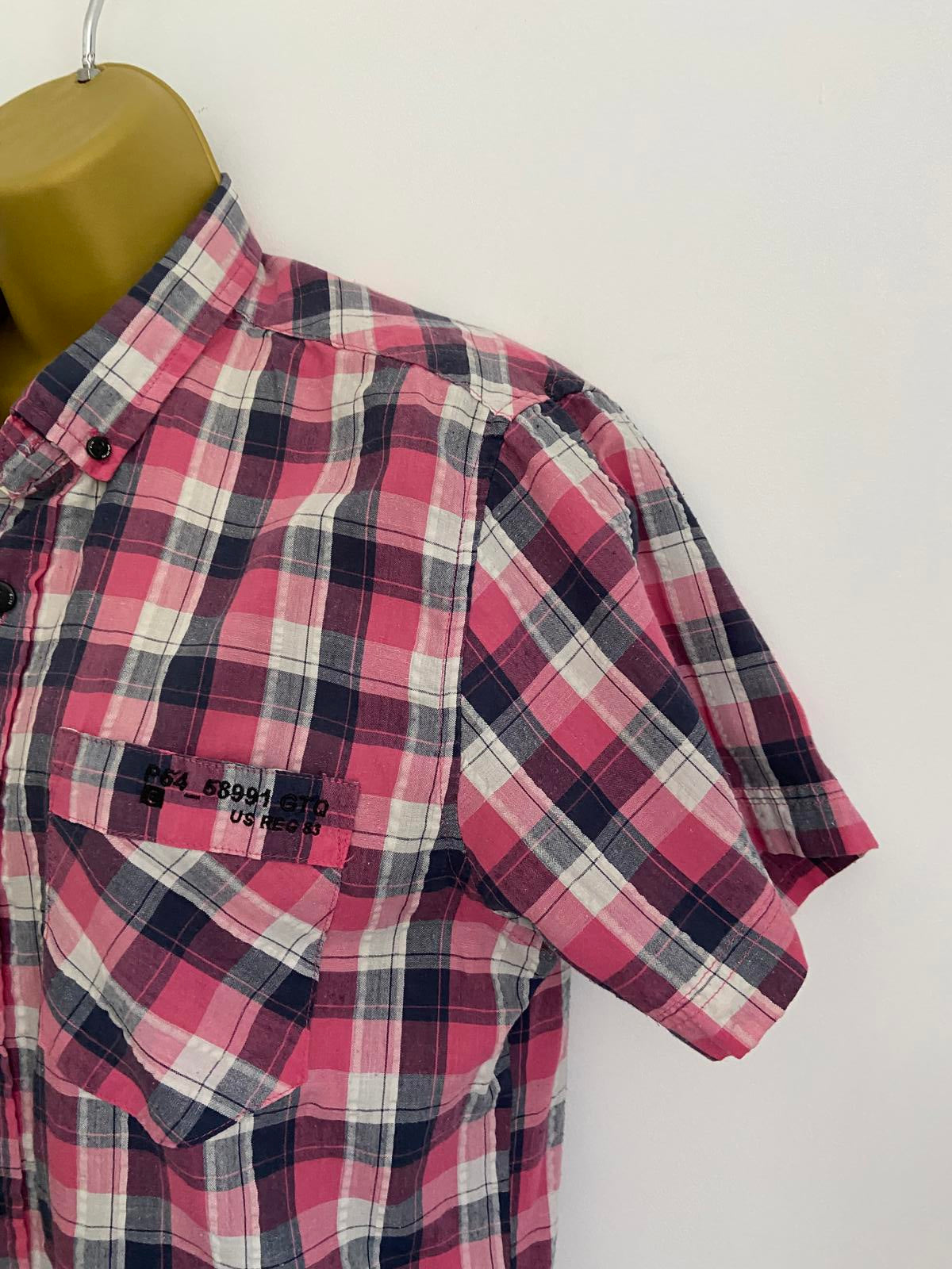 Matalan Size Medium Pink & Navy Check Short Sleeve Button Up Summer Shirt