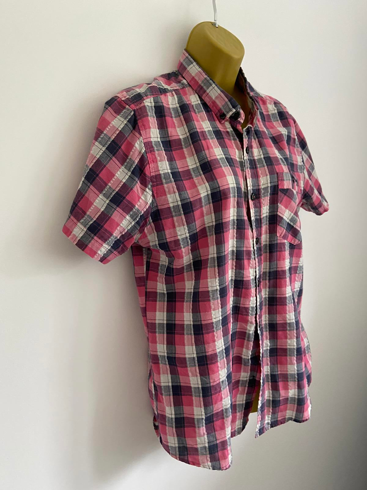 Matalan Size Medium Pink & Navy Check Short Sleeve Button Up Summer Shirt