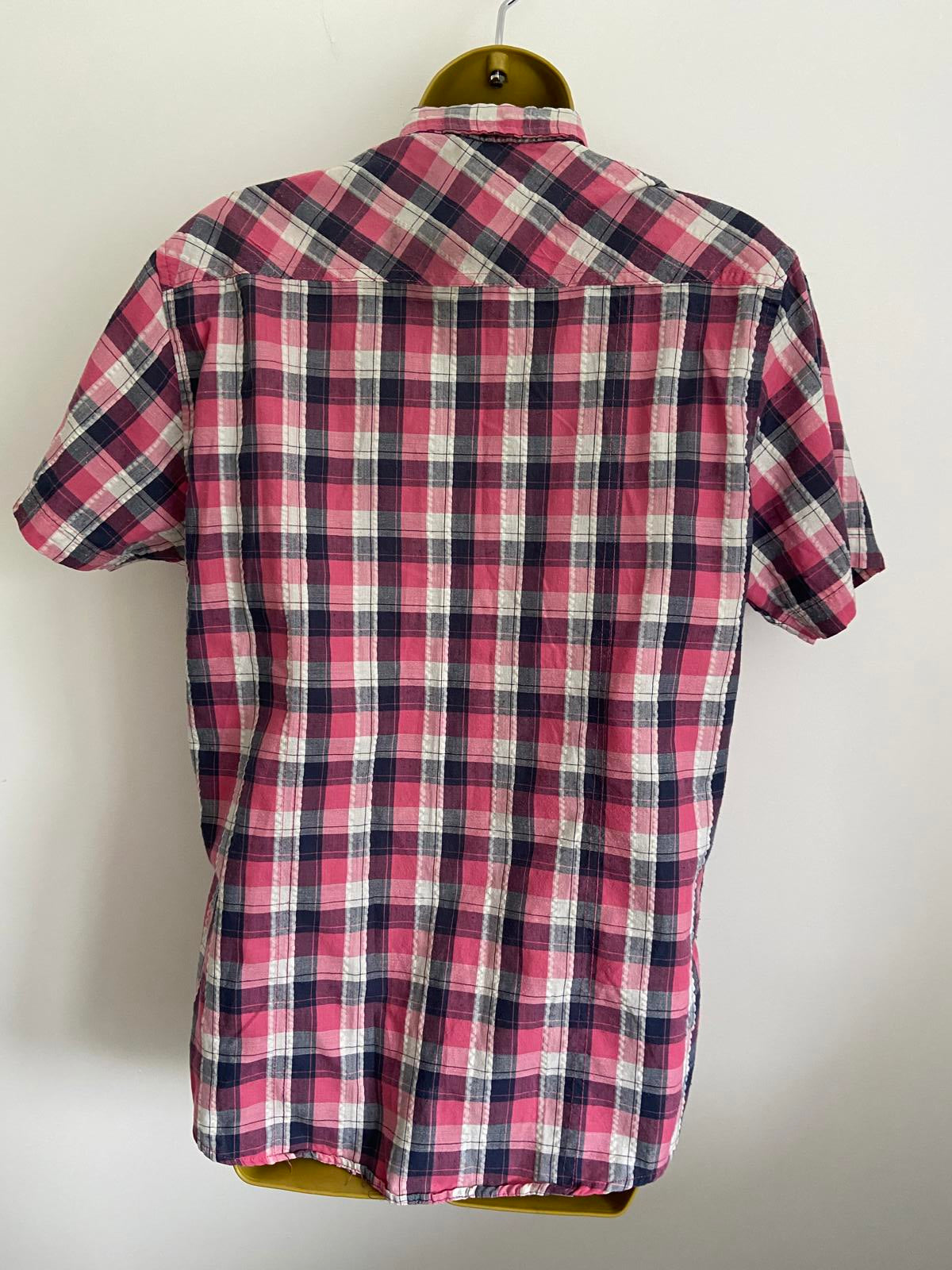 Matalan Size Medium Pink & Navy Check Short Sleeve Button Up Summer Shirt