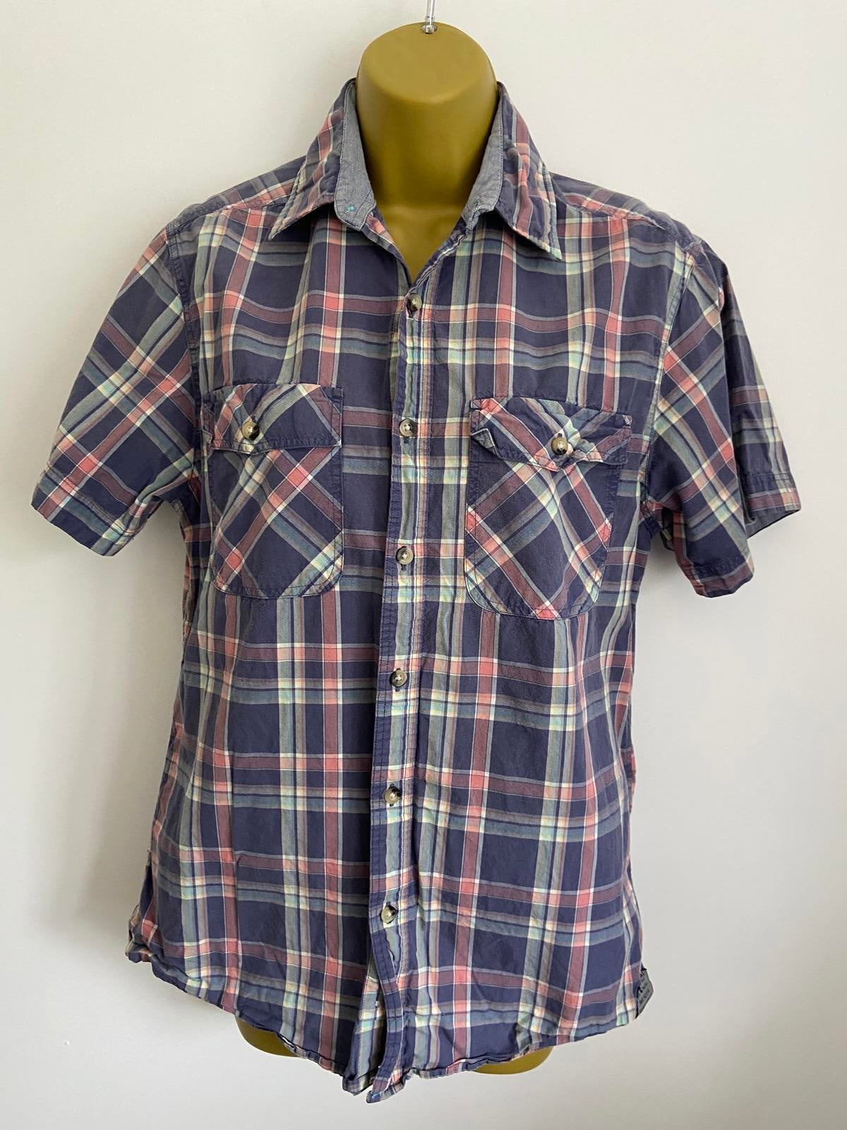 F&F Size Small Purple & Pink Check Short Sleeve 100% Cotton Button Up Shirt