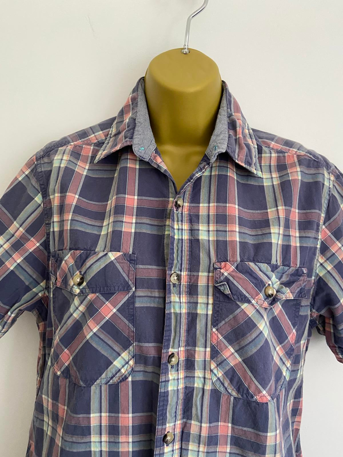 F&F Size Small Purple & Pink Check Short Sleeve 100% Cotton Button Up Shirt