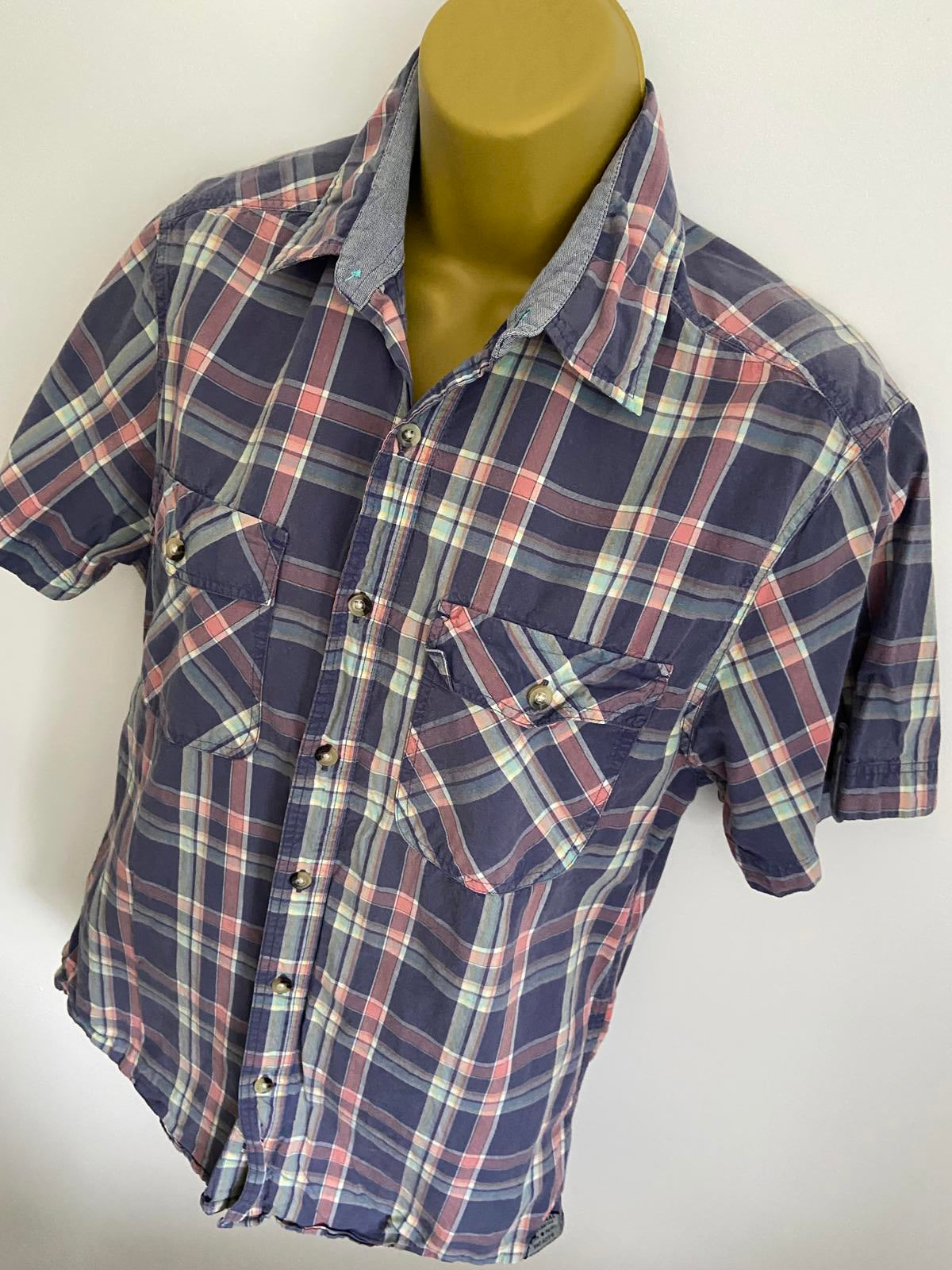 F&F Size Small Purple & Pink Check Short Sleeve 100% Cotton Button Up Shirt
