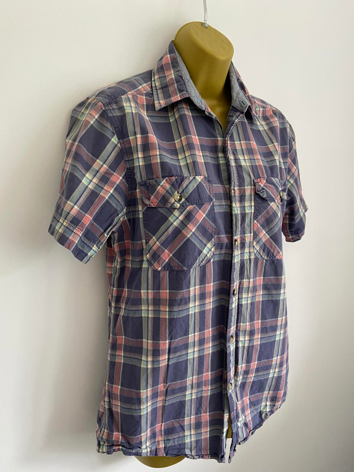 F&F Size Small Purple & Pink Check Short Sleeve 100% Cotton Button Up Shirt