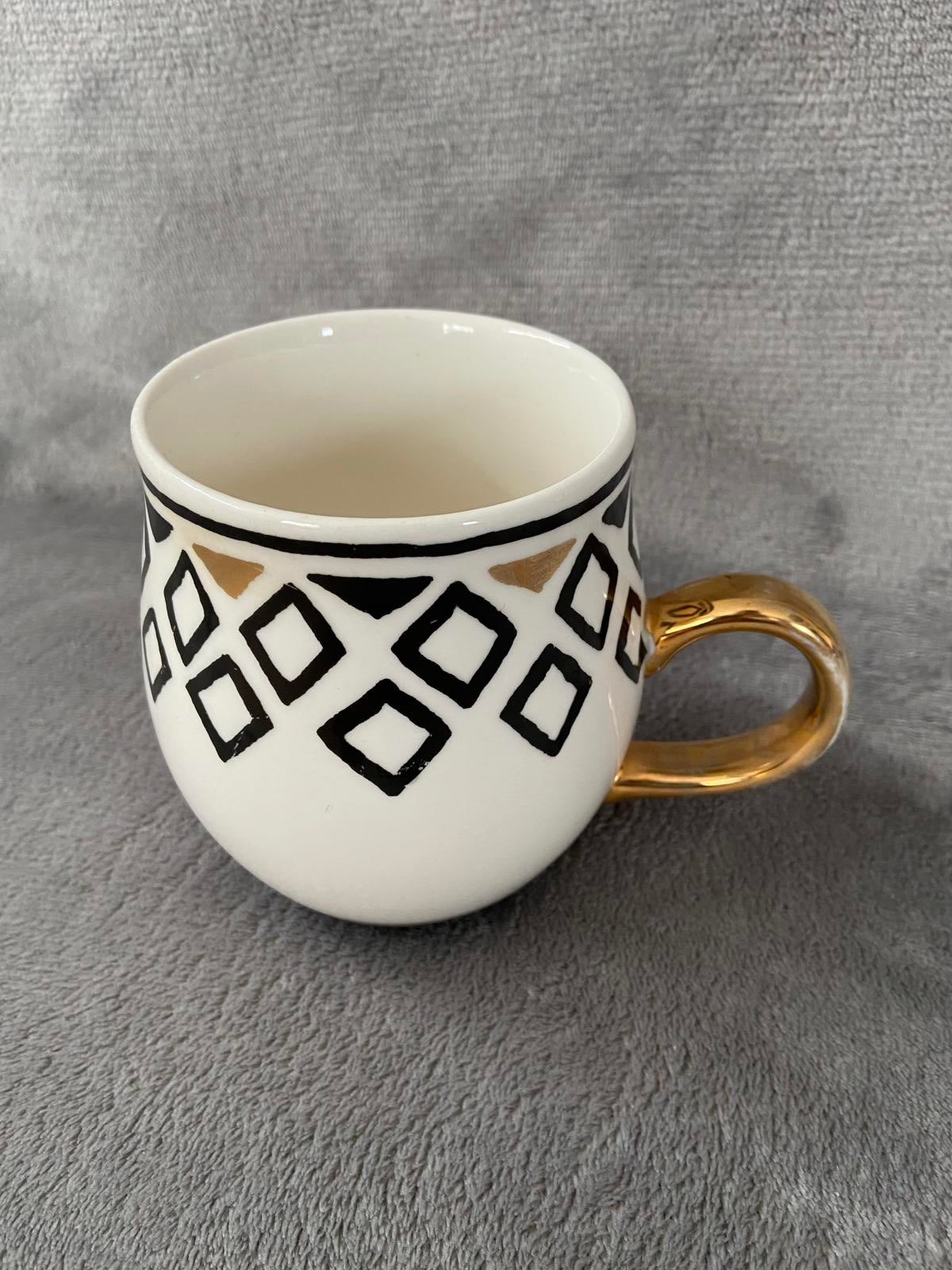 White Ceramic Geometric Diamond Pattern Mug Gold Handle Boho Coffee Cup
