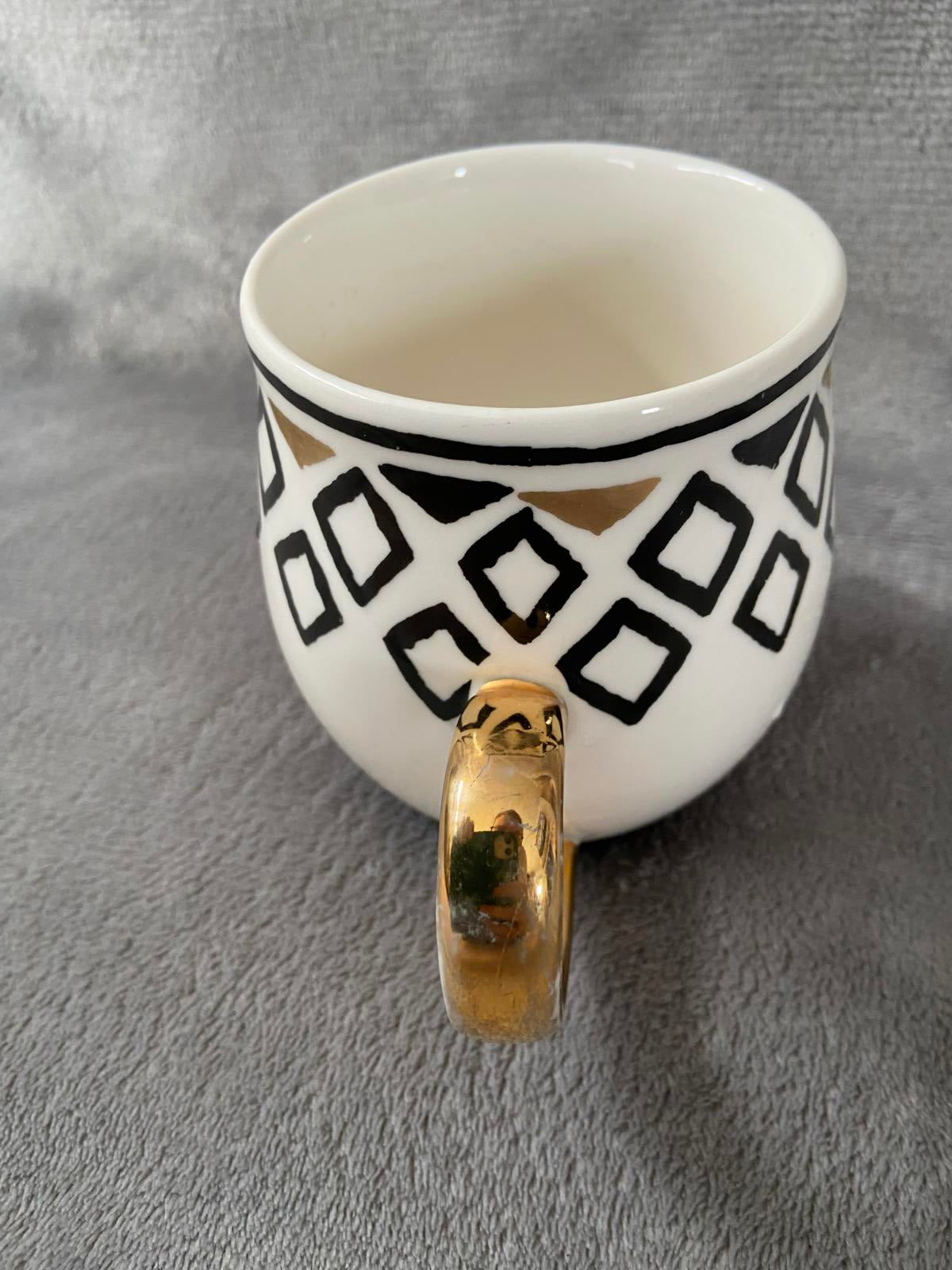 White Ceramic Geometric Diamond Pattern Mug Gold Handle Boho Coffee Cup