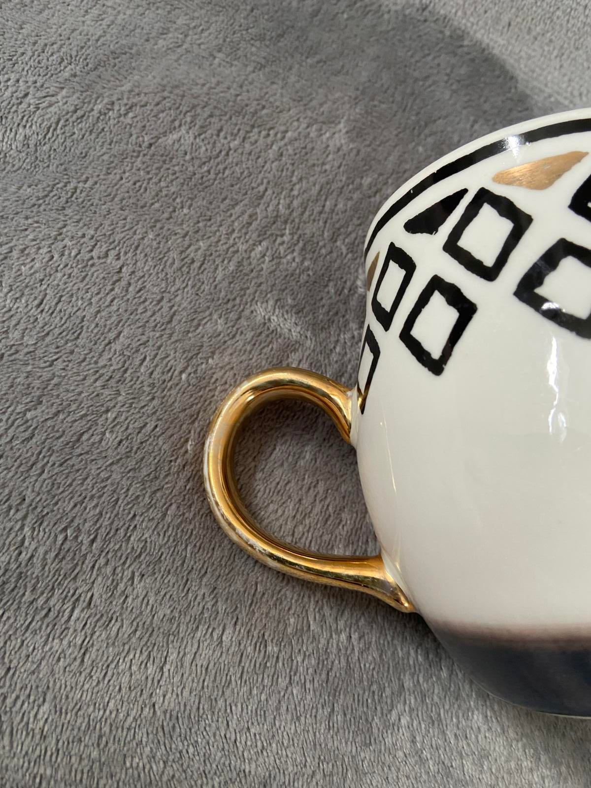 White Ceramic Geometric Diamond Pattern Mug Gold Handle Boho Coffee Cup