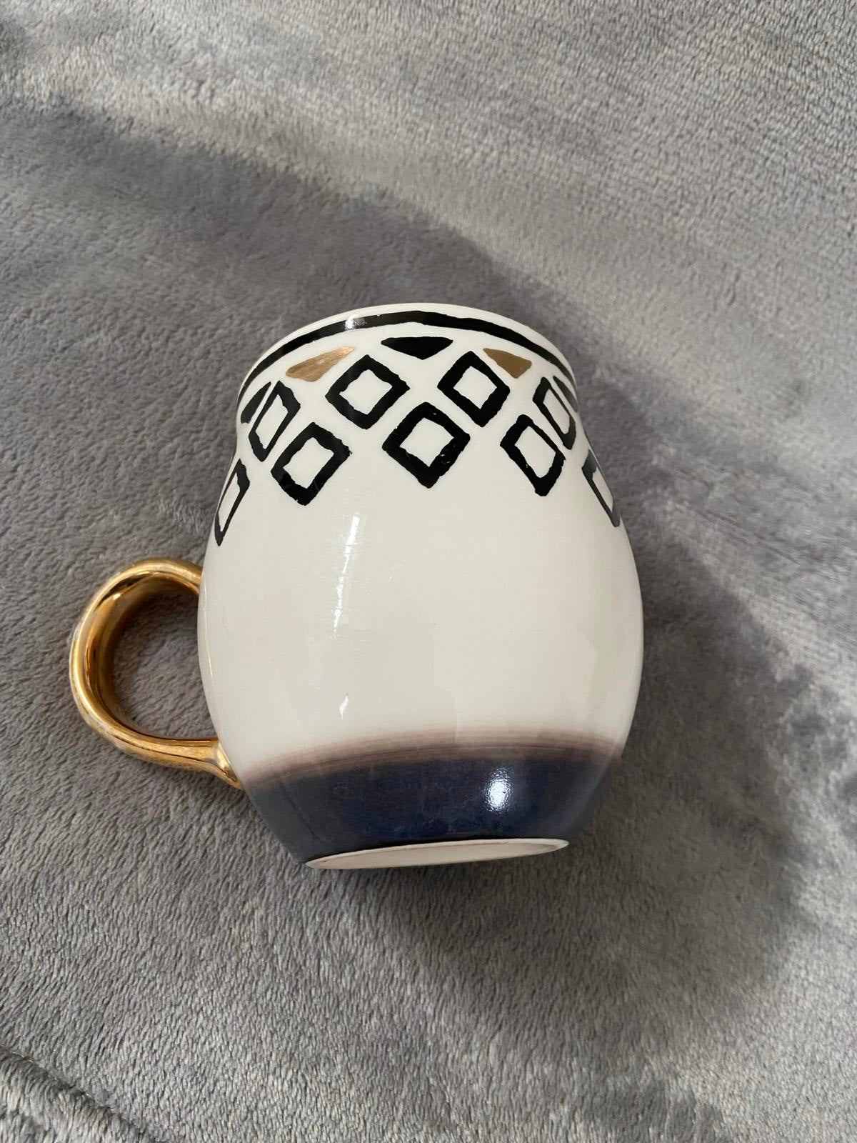 White Ceramic Geometric Diamond Pattern Mug Gold Handle Boho Coffee Cup