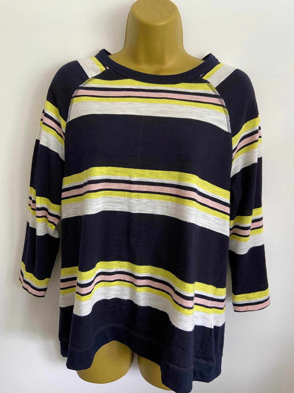 M&S Size 14 Blue Pink & Yellow Striped Lightweight 3/4 Sleeve Knit Jumper