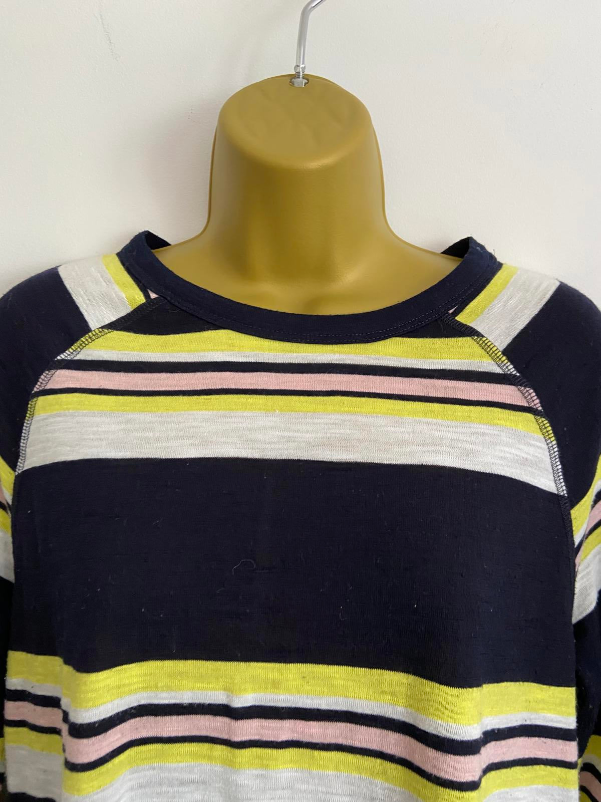 M&S Size 14 Blue Pink & Yellow Striped Lightweight 3/4 Sleeve Knit Jumper
