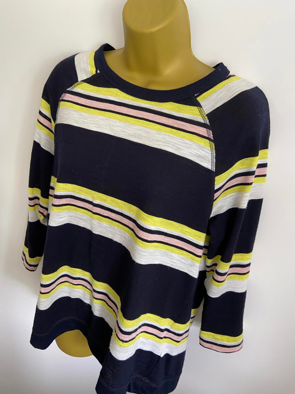 M&S Size 14 Blue Pink & Yellow Striped Lightweight 3/4 Sleeve Knit Jumper