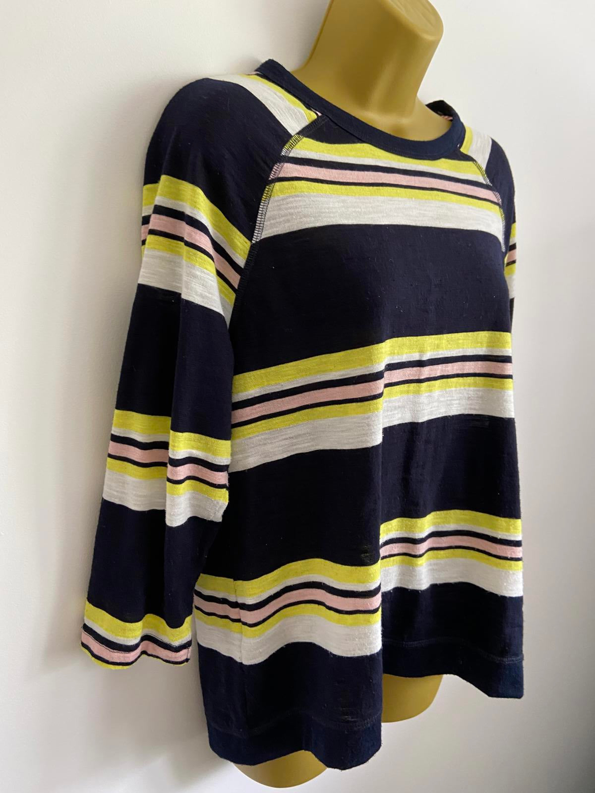 M&S Size 14 Blue Pink & Yellow Striped Lightweight 3/4 Sleeve Knit Jumper