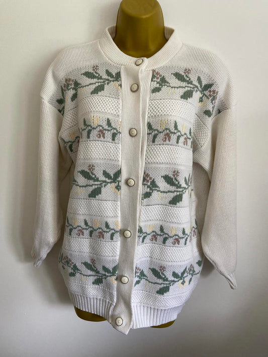 Vintage Cream White Floral Pattern Knitted Cardigan Medium Retro Chunky Button