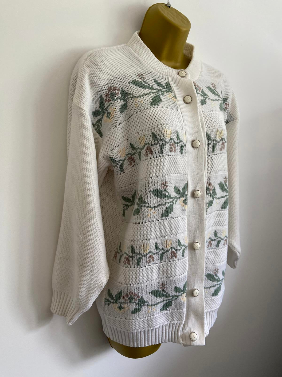 Vintage Cream White Floral Pattern Knitted Cardigan Medium Retro Chunky Button