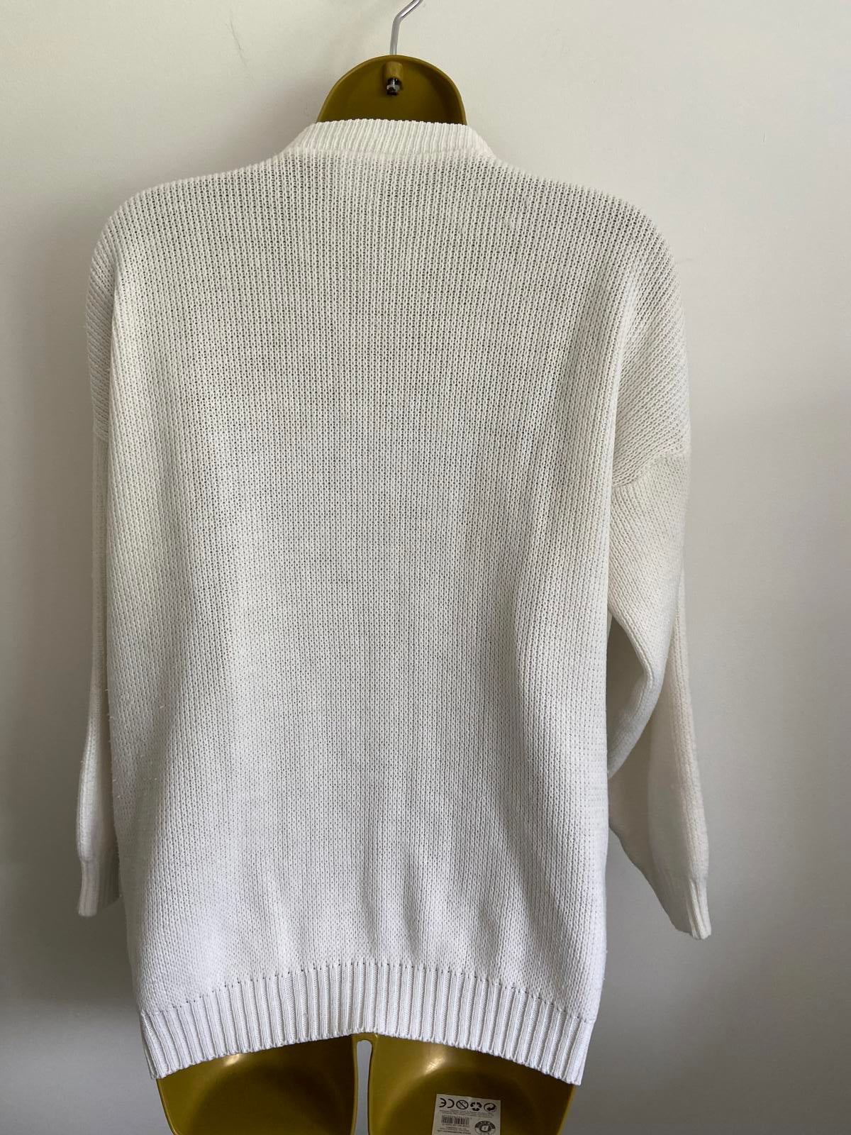 Vintage Cream White Floral Pattern Knitted Cardigan Medium Retro Chunky Button