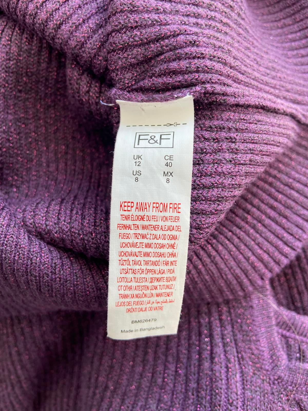 F&F by Tesco's Size 12 Purple Sparkle Ribbed Open-Shoulder Jumper Festive