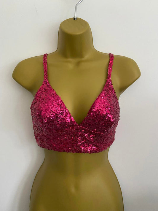 Primark Medium 12-14 Pink Sequin Glitter Crop Top Bra Festive Party Bralette