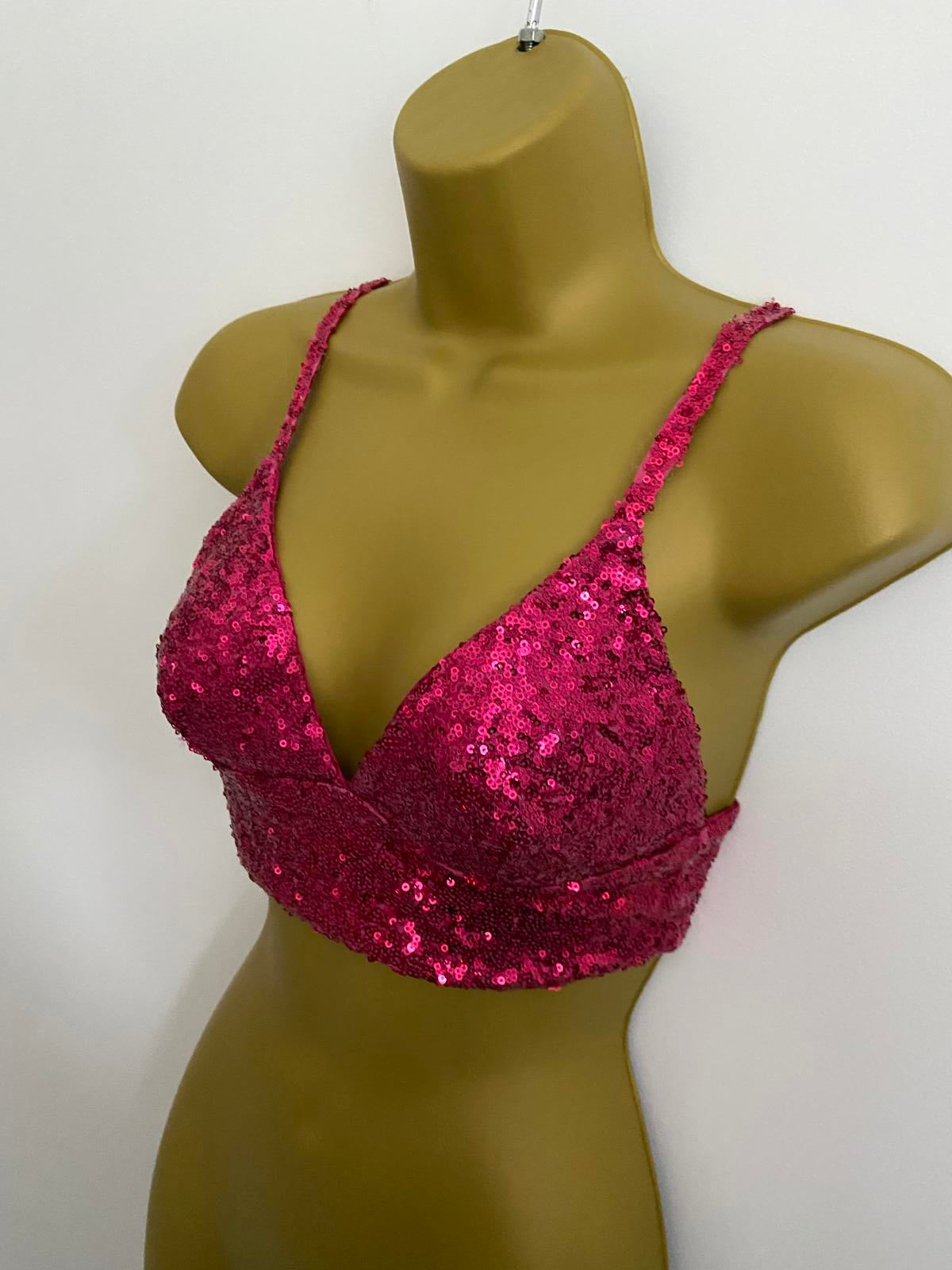 Primark Medium 12-14 Pink Sequin Glitter Crop Top Bra Festive Party Bralette