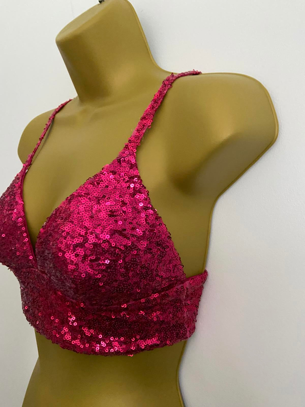 Primark Medium 12-14 Pink Sequin Glitter Crop Top Bra Festive Party Bralette