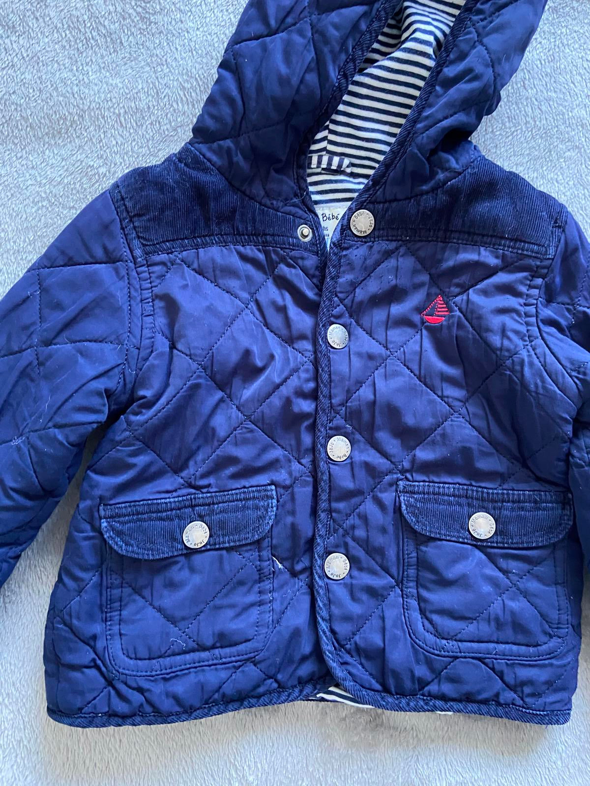 JoJo Maman Bébé Boys 12-18 Months Navy Blue Quilted Hooded Winter Coat Jacket