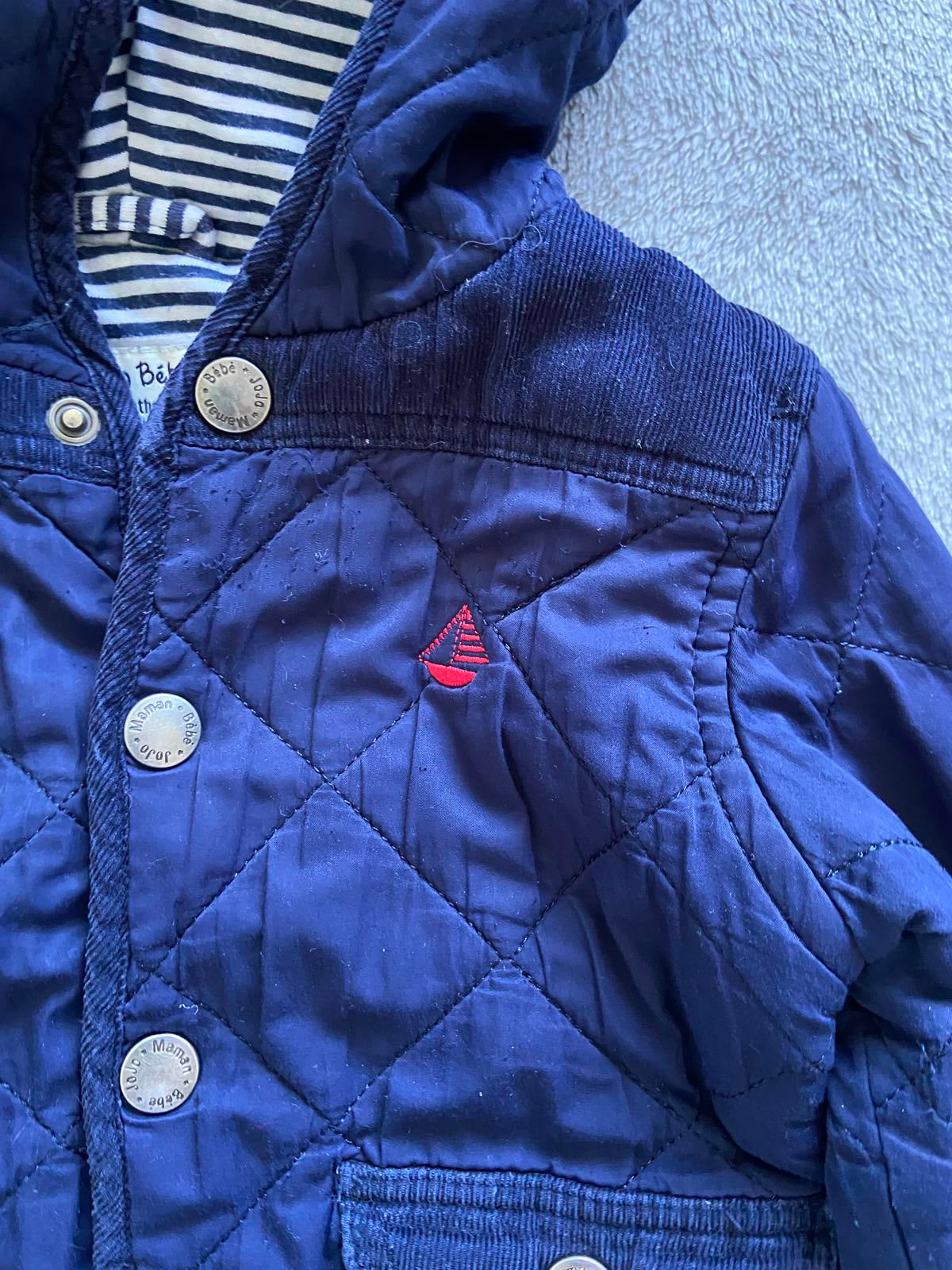 JoJo Maman Bébé Boys 12-18 Months Navy Blue Quilted Hooded Winter Coat Jacket