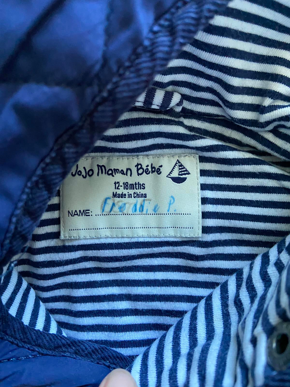 JoJo Maman Bébé Boys 12-18 Months Navy Blue Quilted Hooded Winter Coat Jacket