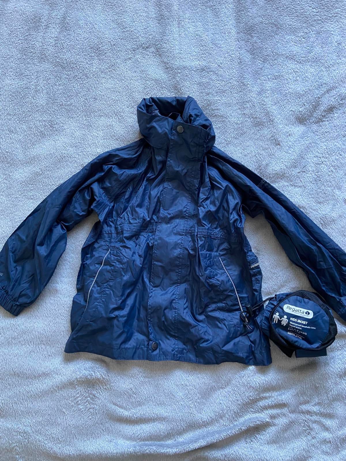 Regatta Kids Age 5-6 Navy Blue Waterproof Hooded Packaway Rain Coat Jacket