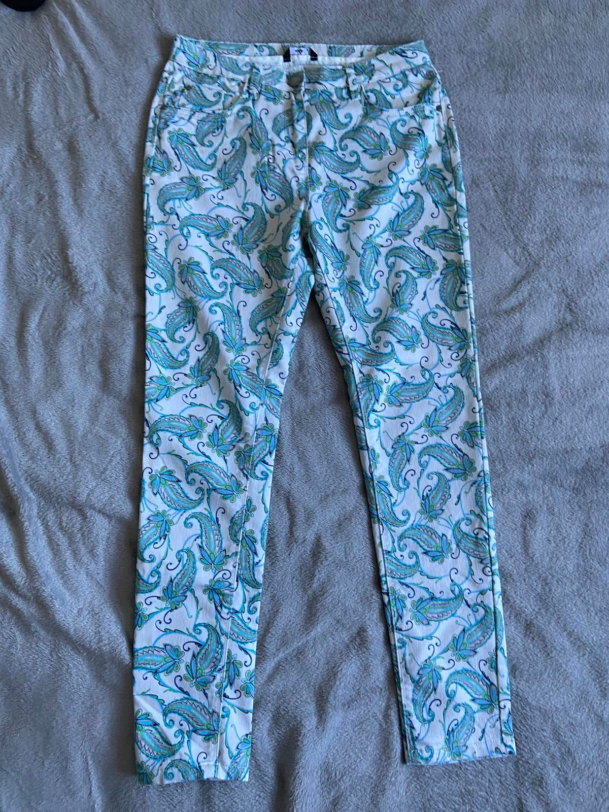 M&Co Size 12 White & Turquoise Paisley Floral Cotton Slim Leg Crop Jeans