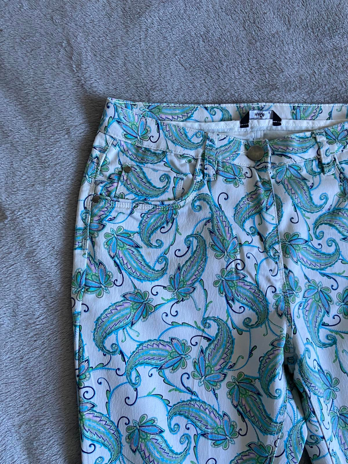 M&Co Size 12 White & Turquoise Paisley Floral Cotton Slim Leg Crop Jeans
