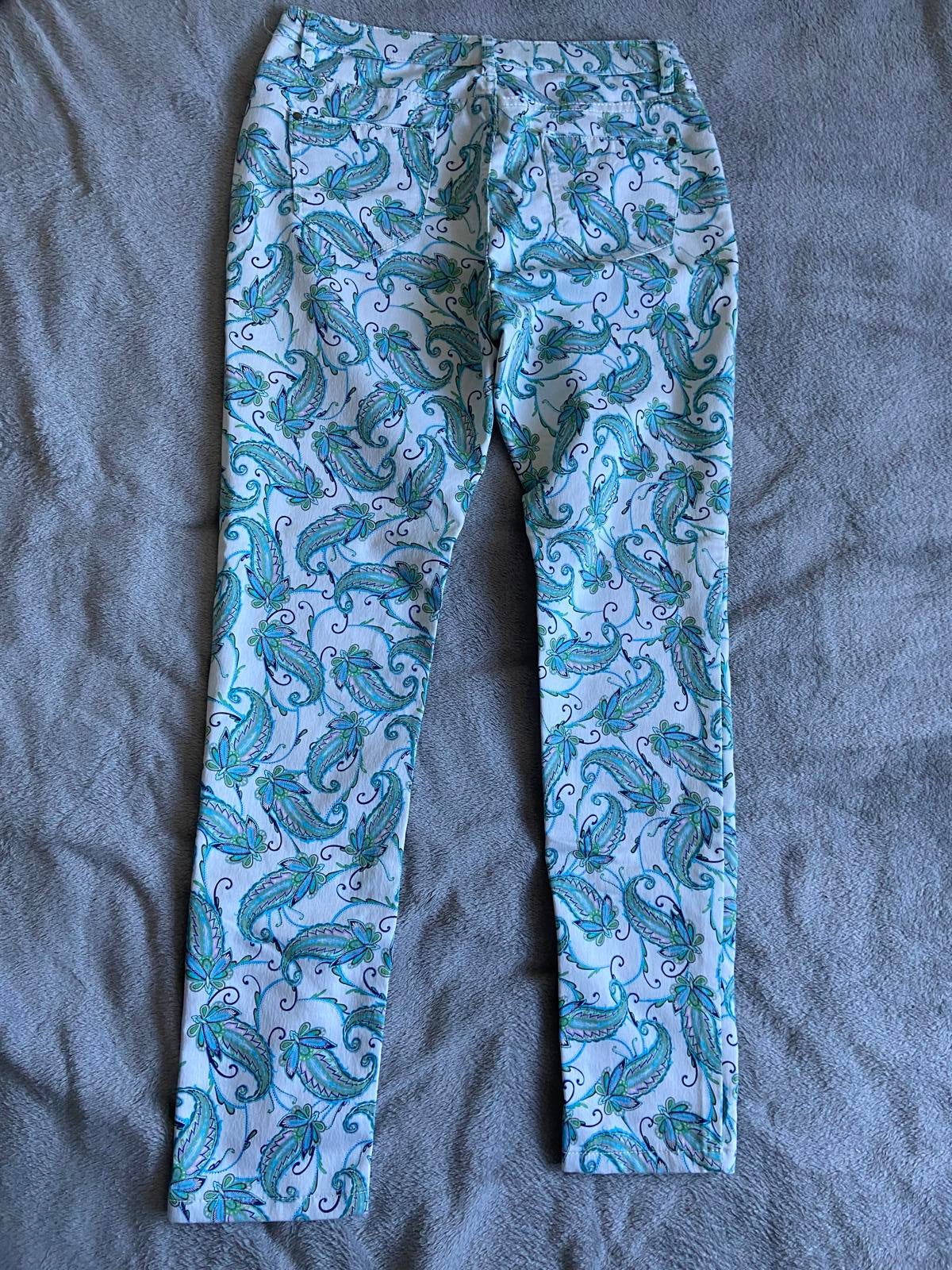 M&Co Size 12 White & Turquoise Paisley Floral Cotton Slim Leg Crop Jeans