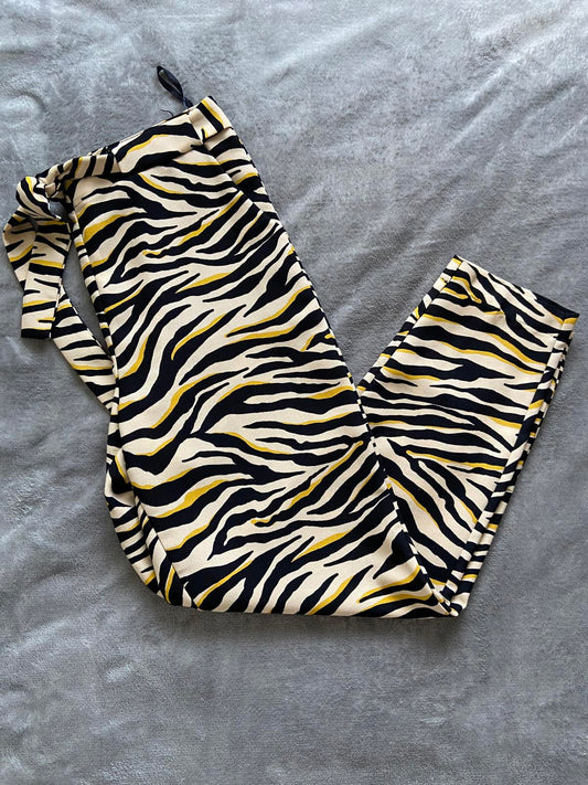 F&F Size 10 Zebra Print Trousers Beige Yellow Black Elasticated Waist Tie Front
