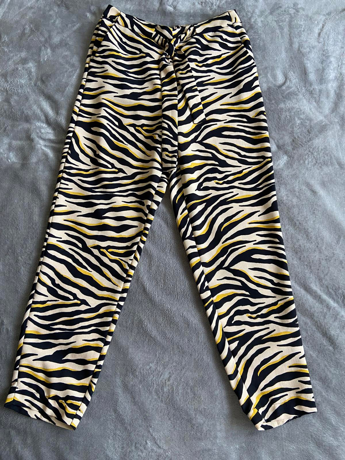 F&F Size 10 Zebra Print Trousers Beige Yellow Black Elasticated Waist Tie Front