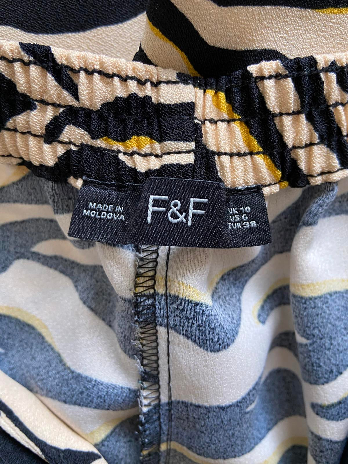 F&F Size 10 Zebra Print Trousers Beige Yellow Black Elasticated Waist Tie Front