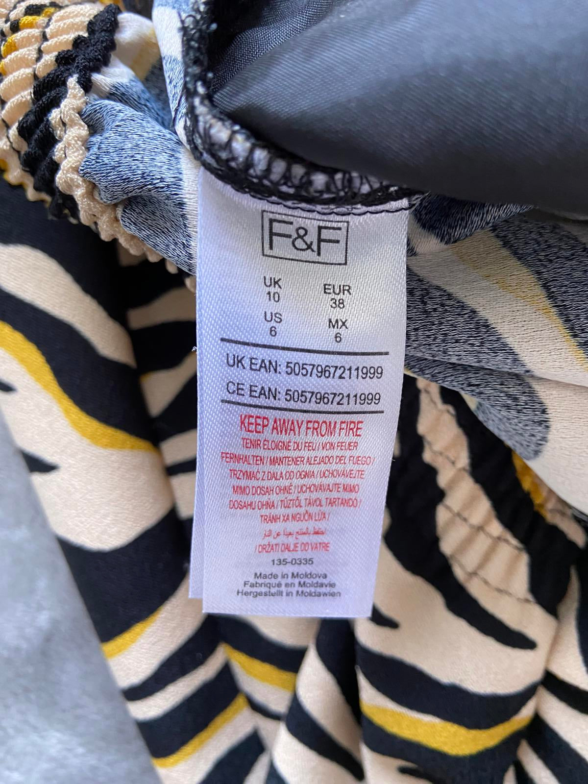 F&F Size 10 Zebra Print Trousers Beige Yellow Black Elasticated Waist Tie Front